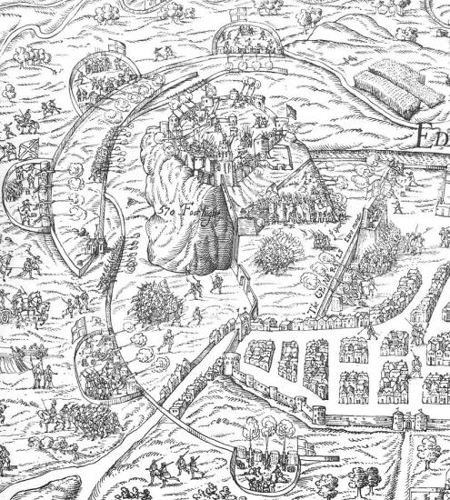A contemporary engraving, showing the positions of the forces besieging Edinburgh, with lots of little men shooting to make it more exciting.