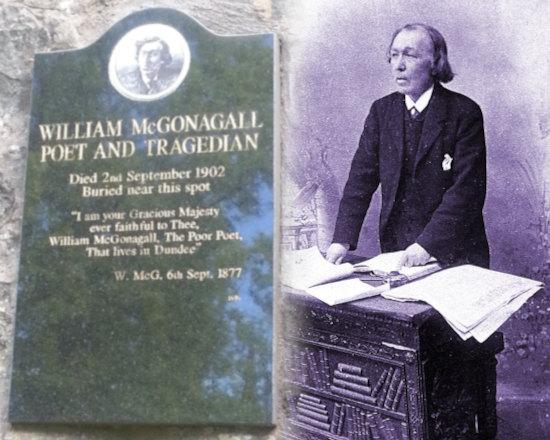 William McGonagall and his plaque in Greyfriars Kirkyard, composite